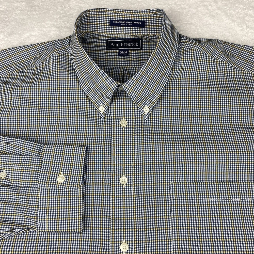 Paul Fredrick Dress Shirt Mens 18-34 Blue/Gold Checks‎ 100% Cotton New w/o Tags!